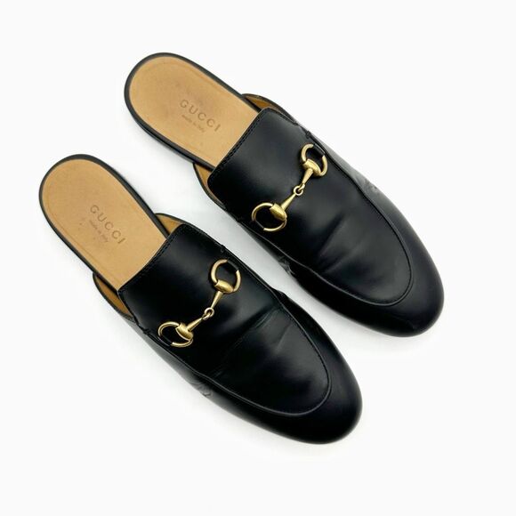 GUCCI Princetown Black Leather Mule Size 37 Horsebit Slip On Loafer - Picture 4 of 11